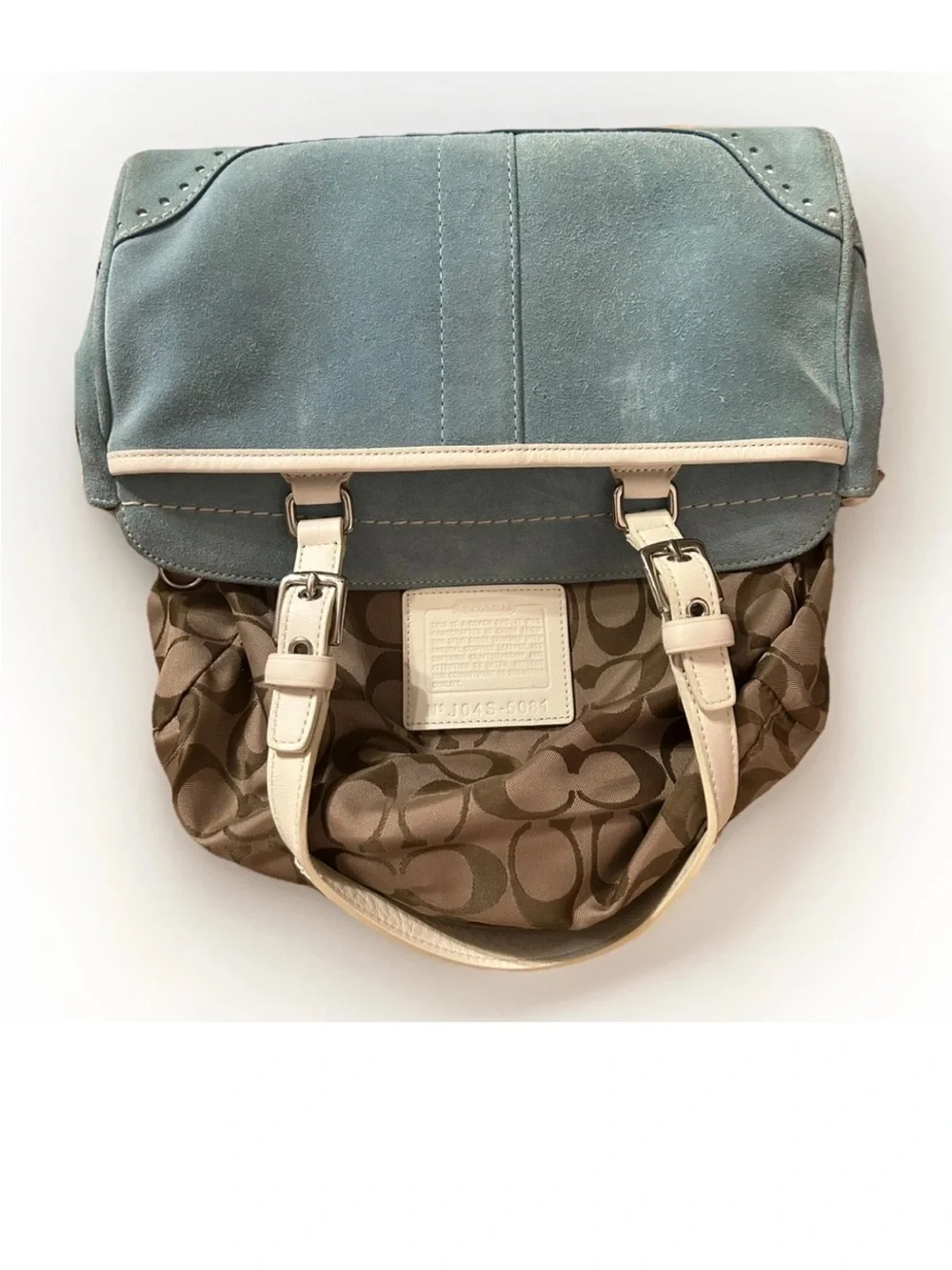 Coach Hamptons Satchel/Wristlet Set, Baby Blue Suede, White Leather Trim VINTAGE